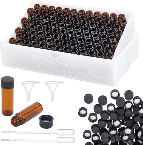 BENECREAT 100 Pcs 4ml Glass Bottle with Screw Cap, Brown Glass Sample Bottle with 2Pcs Plastic Funnel and 4Pcs Pipette for Essential Oils, Perfume Travel Storage Bottles in Saudi Arabia