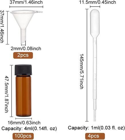 BENECREAT 100 Pcs 4ml Glass Bottle with Screw Cap, Brown Glass Sample Bottle with 2Pcs Plastic Funnel and 4Pcs Pipette for Essential Oils, Perfume Travel Storage Bottles in Saudi Arabia