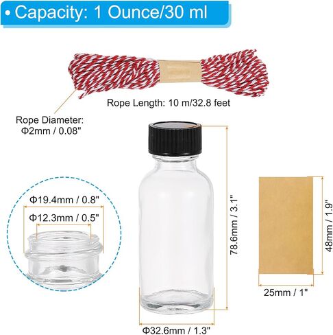 PATIKIL 1oz(30ml) Glass Sample Bottles, 6Pcs Round Bottle Dispensing Bottles with Black Poly Cone Cap, 6Pcs Labels, Rope for Reagent Liquids, Hot Sauce Ginger Shots, Clear in Saudi Arabia