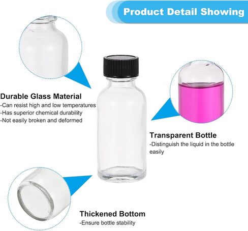 PATIKIL 1oz(30ml) Glass Sample Bottles, 6Pcs Round Bottle Dispensing Bottles with Black Poly Cone Cap, 6Pcs Labels, Rope for Reagent Liquids, Hot Sauce Ginger Shots, Clear in Saudi Arabia