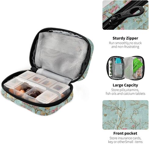 Naanle Pill Case Flower Birds Pill Box 7 Day Pill Case حقيبة السفر حبوب منع الحمل حقيبة منظم مع سحاب حالة أسبوعية محمولة حجم صغير لحامل مكملات الفيتامينات in Saudi Arabia
