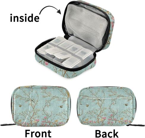Naanle Pill Case Flower Birds Pill Box 7 Day Pill Case حقيبة السفر حبوب منع الحمل حقيبة منظم مع سحاب حالة أسبوعية محمولة حجم صغير لحامل مكملات الفيتامينات in Saudi Arabia