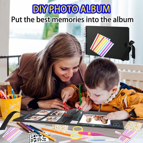 ألبوم صور سجل القصاصات مع صفحات ورقية سوداء، ألبوم قصاصات DIY صفحات ورقة سوداء لذكرى الزفاف هدية ذاكرة عائلة الطفل 7 × 7 بوصات سجل قصاصات أسود in Kuwait