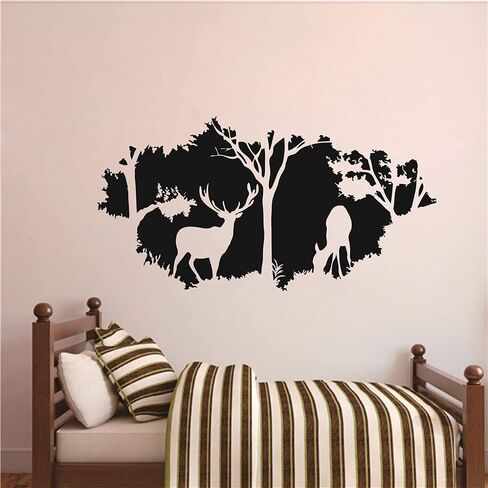 Forest Animals Wild Deers Wall Deal Art Vinyl Wall Sticker for Boys Kids Room Hunting Jungle Wall Decal for Bedroom Living Room Art House Decor Mural TM-46 (BLACK) in Saudi Arabia