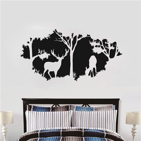 Forest Animals Wild Deers Wall Deal Art Vinyl Wall Sticker for Boys Kids Room Hunting Jungle Wall Decal for Bedroom Living Room Art House Decor Mural TM-46 (BLACK) in Saudi Arabia