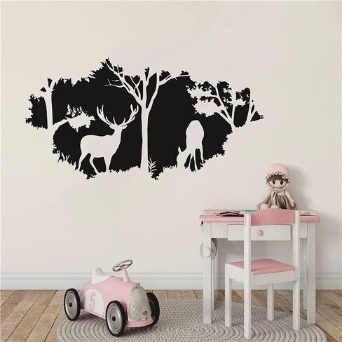 Forest Animals Wild Deers Wall Deal Art Vinyl Wall Sticker for Boys Kids Room Hunting Jungle Wall Decal for Bedroom Living Room Art House Decor Mural TM-46 (BLACK) in Saudi Arabia