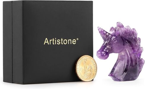 Artiststone 3 "جمشت كريستال يونيكورن تمثال اليد منحوتة الأحجار الكريمة الأرجواني يونيكورن حجر الحيوان المنحوتات تحصيل تمثال الريكي التأمل مكتب ديكور المنزل هدية in Kuwait