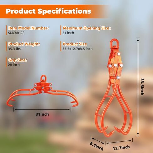 20" Log Tongs Loads Up to 110 lbs 2 Claw Skidding Tongs Non-Slip Grip Loading Capacity, Log Lifting, Handling, Dragging & Carrying Tool, Orange in Kuwait