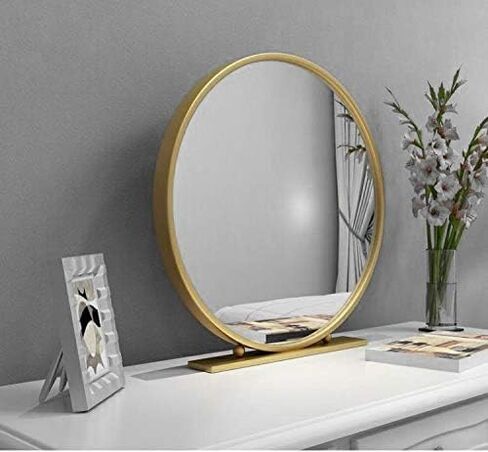 Gold Round Mirror with Base,Large Circle Mirrors for Dressing Table Decor,23.6in Big Metal Frame Standing Mirror,Modern Vanity Mirror for Living Room Bathroom Bedroom in Saudi Arabia