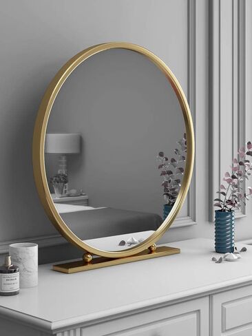 Gold Round Mirror with Base,Large Circle Mirrors for Dressing Table Decor,23.6in Big Metal Frame Standing Mirror,Modern Vanity Mirror for Living Room Bathroom Bedroom in Saudi Arabia