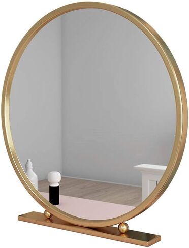 Gold Round Mirror with Base,Large Circle Mirrors for Dressing Table Decor,23.6in Big Metal Frame Standing Mirror,Modern Vanity Mirror for Living Room Bathroom Bedroom in Saudi Arabia