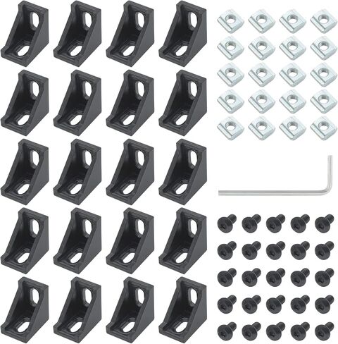 مجموعة موصلات الألومنيوم 2028، 20 قطعة مجمعة دعامة زاوية داخلية سوداء مع صواميل ومسامير بفتحة T، بثق ألومنيوم على شكل حرف L لسلسلة 2020 من الألومنيوم مع فتحة 6 مم in Kuwait