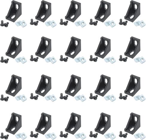 مجموعة موصلات الألومنيوم 2028، 20 قطعة مجمعة دعامة زاوية داخلية سوداء مع صواميل ومسامير بفتحة T، بثق ألومنيوم على شكل حرف L لسلسلة 2020 من الألومنيوم مع فتحة 6 مم in Kuwait