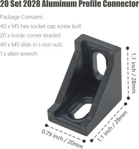 مجموعة موصلات الألومنيوم 2028، 20 قطعة مجمعة دعامة زاوية داخلية سوداء مع صواميل ومسامير بفتحة T، بثق ألومنيوم على شكل حرف L لسلسلة 2020 من الألومنيوم مع فتحة 6 مم in Kuwait