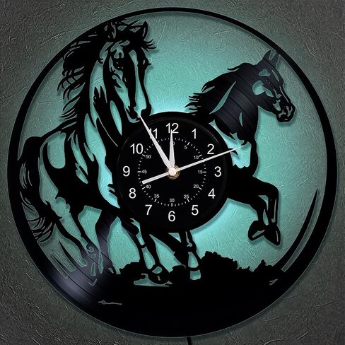 Dimmable Running Horse Wall Clock, 12 inches Wall Mount Vinyl Record Galloping Horse LED Clock, Racehorse Birthday Gifts for Women Men, Horse Decor for Bedroom Living Room Home Farm in Saudi Arabia
