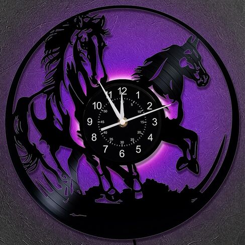 Dimmable Running Horse Wall Clock, 12 inches Wall Mount Vinyl Record Galloping Horse LED Clock, Racehorse Birthday Gifts for Women Men, Horse Decor for Bedroom Living Room Home Farm in Saudi Arabia