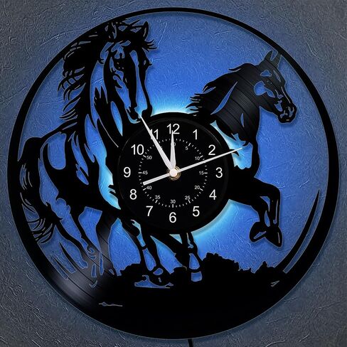 Dimmable Running Horse Wall Clock, 12 inches Wall Mount Vinyl Record Galloping Horse LED Clock, Racehorse Birthday Gifts for Women Men, Horse Decor for Bedroom Living Room Home Farm in Saudi Arabia