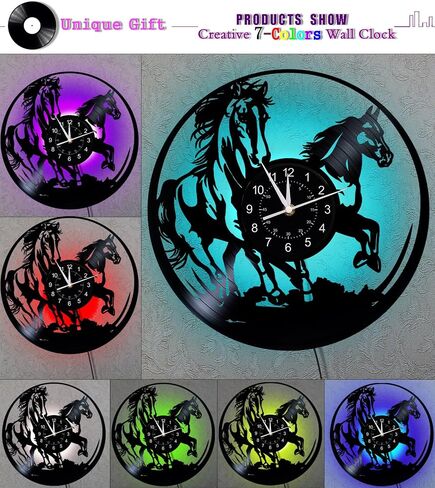 Dimmable Running Horse Wall Clock, 12 inches Wall Mount Vinyl Record Galloping Horse LED Clock, Racehorse Birthday Gifts for Women Men, Horse Decor for Bedroom Living Room Home Farm in Saudi Arabia