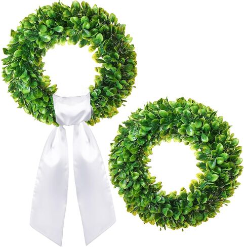 Artificial Green Leaves Wreath and Blank White Wreath Sash Set Include 15.7 Inch Artificial Greenery Wreaths for Front Door and Blank Wreath Sash for Front Door Wall Window Farmhouse Decor in Saudi Arabia