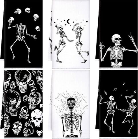 Bencailor 6 Pcs Halloween Skull Kitchen Towels Turquoise Navy Dish Towels Blue Gold Marble Tea Towels Gothic Skeleton Chef Hand Towel for Home Decor Gift, 24 x 16''(Black, White,Skull) in Kuwait