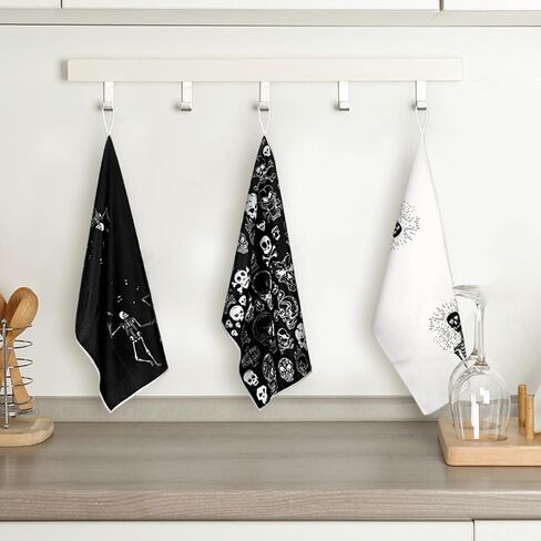 Bencailor 6 Pcs Halloween Skull Kitchen Towels Turquoise Navy Dish Towels Blue Gold Marble Tea Towels Gothic Skeleton Chef Hand Towel for Home Decor Gift, 24 x 16''(Black, White,Skull) in Kuwait