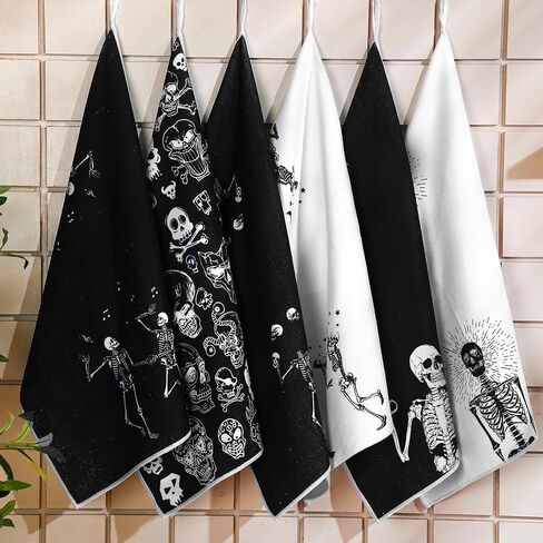 Bencailor 6 Pcs Halloween Skull Kitchen Towels Turquoise Navy Dish Towels Blue Gold Marble Tea Towels Gothic Skeleton Chef Hand Towel for Home Decor Gift, 24 x 16''(Black, White,Skull) in Kuwait