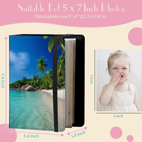 Photo Album 5x7 Photos - 60 Photos Capacity PU Leather Cover Photo Album with Strong Elastic Band, Portable Picture Album for Family Wedding Wedding Anniversary, Palm Trees Beach in Saudi Arabia