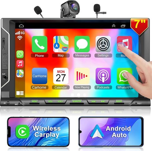 ستيريو سيارة مزدوج الدين مع مشغل CD/DVD - CarPlay وAndroid Auto، صوت السيارة مع بلوتوث، شاشة لمس عالية الدقة 7 بوصة، كاميرا خلفية، USB/TF/AUX، مضخم صوت، مستقبل راديو AM/FM in Kuwait