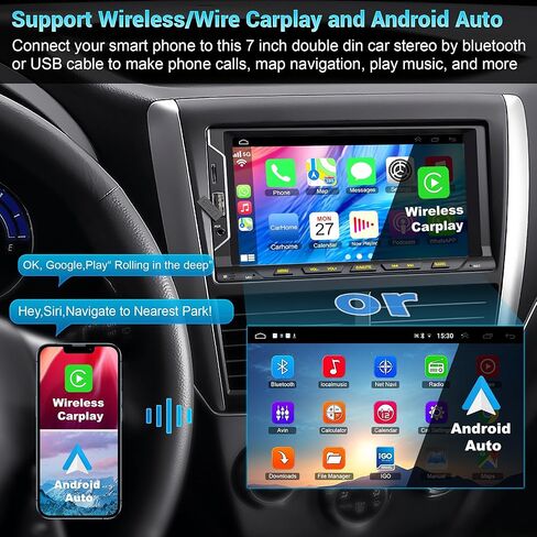 ستيريو سيارة مزدوج الدين مع مشغل CD/DVD - CarPlay وAndroid Auto، صوت السيارة مع بلوتوث، شاشة لمس عالية الدقة 7 بوصة، كاميرا خلفية، USB/TF/AUX، مضخم صوت، مستقبل راديو AM/FM in Kuwait