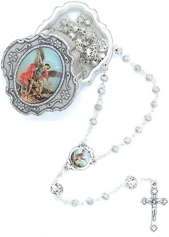 San Francis Imports St. Michael 15 Inch silver metal Rosary with rose pedal beads made in Italy in Saudi Arabia