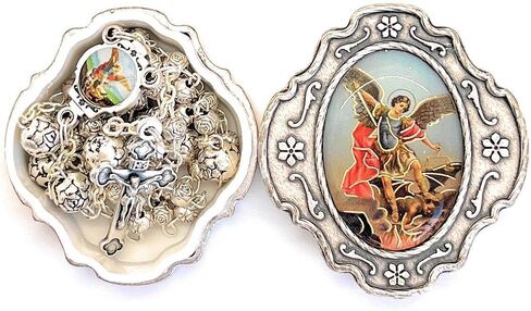 San Francis Imports St. Michael 15 Inch silver metal Rosary with rose pedal beads made in Italy in Saudi Arabia