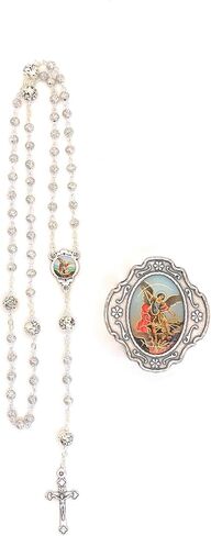San Francis Imports St. Michael 15 Inch silver metal Rosary with rose pedal beads made in Italy in Saudi Arabia