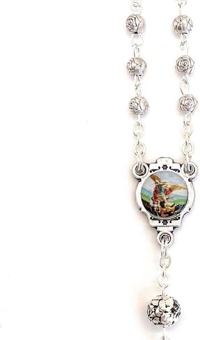 San Francis Imports St. Michael 15 Inch silver metal Rosary with rose pedal beads made in Italy in Saudi Arabia