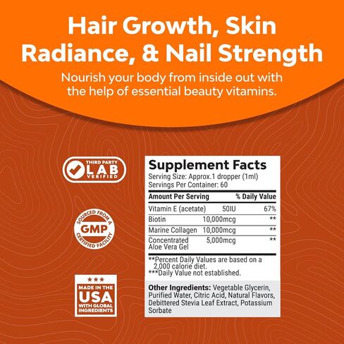 البيوتين السائل والكولاجين لنمو الشعر - كولاجين سائل للنساء والرجال للشعر والبشرة والأظافر مع البيوتين - كولاجين بحري عالي الامتصاص وقطرات سائلة البيوتين لنمو الشعر (عبوتان) in Kuwait