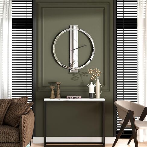 SHYFOY Large Round Wall Clock, 23" Mirror Glass Finish, Black Painted Wooden Edges, Beveled Mirrored Front, Battery Operated, Easy Installation in Saudi Arabia