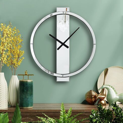 SHYFOY Large Round Wall Clock, 23" Mirror Glass Finish, Black Painted Wooden Edges, Beveled Mirrored Front, Battery Operated, Easy Installation in Saudi Arabia