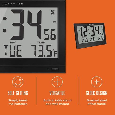 ساعة حائط ماراثون ذرية فائقة العرض، سوداء - كبيرة، شاشة بانورامية مقاس 14 بوصة - تنسيق وقت صباحًا/مساءً أو 24 ساعة، ثماني مناطق زمنية، درجة حرارة ورطوبة داخلية - بطاريتان AA متضمنتان in Kuwait