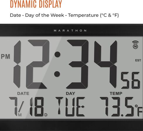 ساعة حائط ماراثون ذرية فائقة العرض، سوداء - كبيرة، شاشة بانورامية مقاس 14 بوصة - تنسيق وقت صباحًا/مساءً أو 24 ساعة، ثماني مناطق زمنية، درجة حرارة ورطوبة داخلية - بطاريتان AA متضمنتان in Kuwait