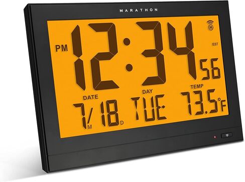 ساعة حائط ماراثون ذرية فائقة العرض، سوداء - كبيرة، شاشة بانورامية مقاس 14 بوصة - تنسيق وقت صباحًا/مساءً أو 24 ساعة، ثماني مناطق زمنية، درجة حرارة ورطوبة داخلية - بطاريتان AA متضمنتان in Kuwait