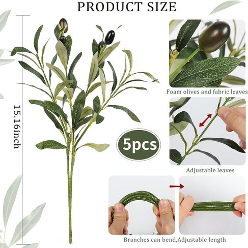 RECUTMS 5pcs Artificial Olive Branches Olive Branch Stems Faux Olive Branches for Vases Tabletop Greenery Stems for Wedding Bouquets Home Decor in Saudi Arabia