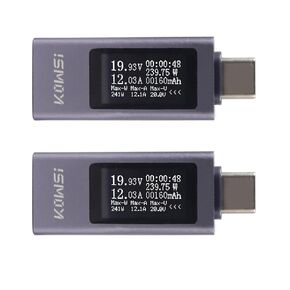 2Pcs USB C Tester Power Meter Digital Multimeter 4-30V 0-12A LCD Display Type C Voltage Current Tester Monitor, Working Time Ammeter Voltmeter USB Cable Charger Detector, Power Bank Capacity Detector