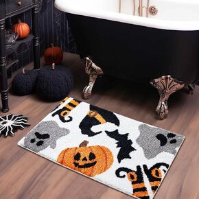 Cute Witchy Halloween Bath Mat 20 x 32 Microfiber Creepy Pumpkin Bats Ghost with’s Hat and Shoes Halloween Bathroom Rug Non Slip Washable, Fun Spooky Gothic Shaggy Bath Rug Halloween Bathroom Decor