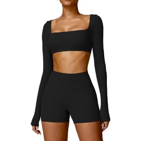 ABOCIW Long Sleeve Crop Tops for Women Square Neck Workout Crop T Shirt Top Low Medium Impac Yoga Gym Tee with Bra