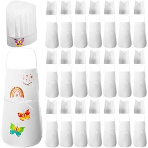 JaGely 60 Pcs Kids Apron and Chef Hat Set with 30 Aprons 30 White Hats Kids Costume Girls Boys ChildCooking Painting Crafting
