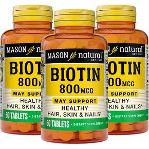 MASON NATURAL 800 Mcg Tablets, Dietary Supplement, Support and Strengthens Healthy Hair and Nails Biotin, 60 Count, Pack of 3