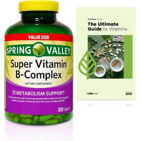 Spring Valley Super Vitamin B-Complex Tablets Dietary Supplement Value Size, 500 Count (Over 16 Months Supply) + Exclusive VitaMax Vitamin Guide (2 Items)