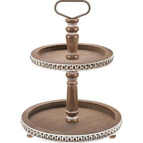 Handmade Two Tiered Tray Stand, Small Beaded Tiered Seasonal Tray Decor, White Washed Wooden Kitchen Serving Tray for Coffee Food Fruits Cupcakes, Home Decor Holiday Display