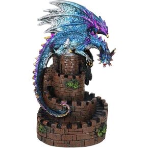 Ebros Gift 'Fragrant Smokes' Metallic Iridescent Blue Dragon Perching On Spiral Steps Castle Tower Backflow Incense Cone Burner Figurine Home Decor Dungeons and Dragons Fantasy Accent