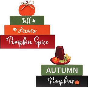 RoseCraft 2PCS Fall Decor, Autumn Wooden Sign Include Autumn Pumpkin Spice Leaves Lettered Tabletop Sign Decorations, for Home Farmhouse Living Room Harvest Party Decor.
