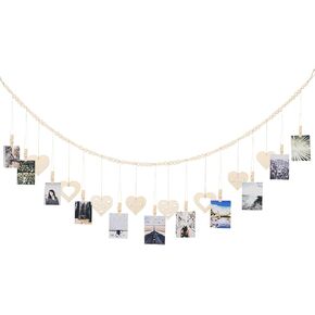 joycraft Wooden Bead Photo Display Holder, 5Ft Hanging Photo Display with 11Pcs Clips, Boho Photo Display Wall Decor for Bedroom, Office, Dorm, Birthday, Baby Shower(8pcs Hollow Heart Wooden Tags)